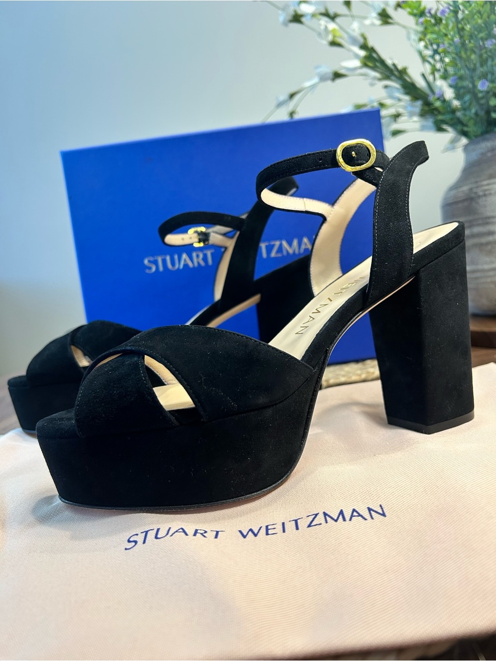 Stuart Weitzman Black Suede Platform Block-Heel Sandals (sz 8) - Picture 4 of 14